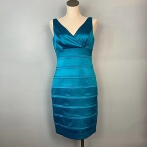 AMERICAN Living Satin Bandage Surplice Bodycon Turquoise Sleeveless Dress Size 6